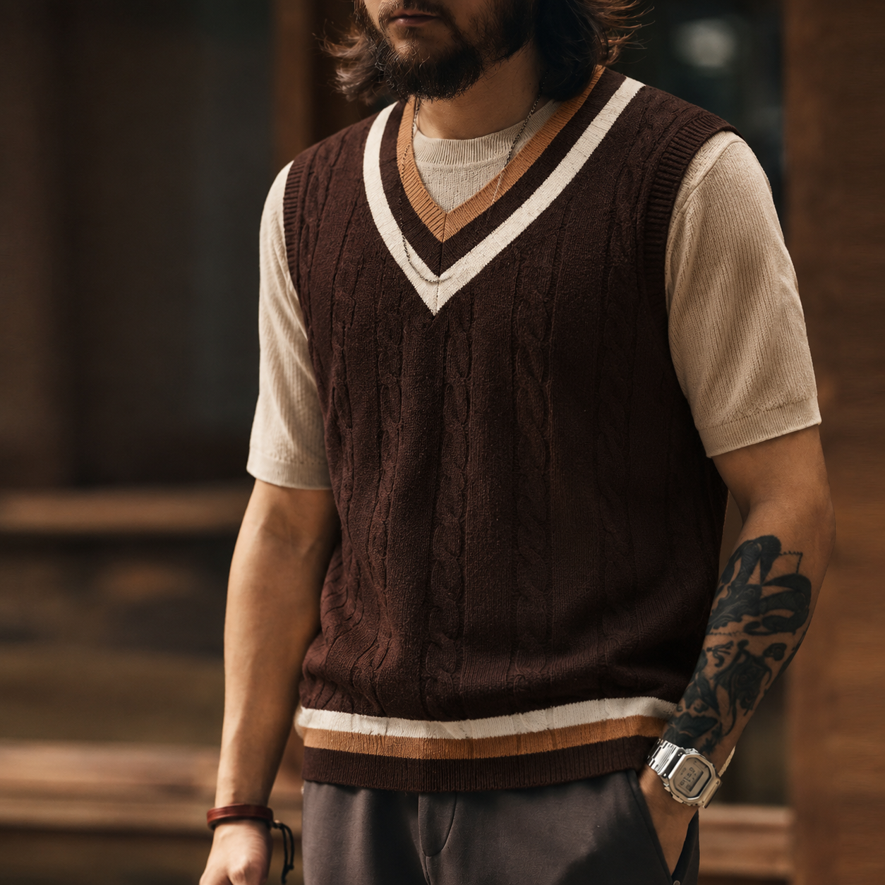  Retro IVY Knitted V-neck Sweater Vest, College Style Contrast Color Twisted Flower Sleeveless Vest
