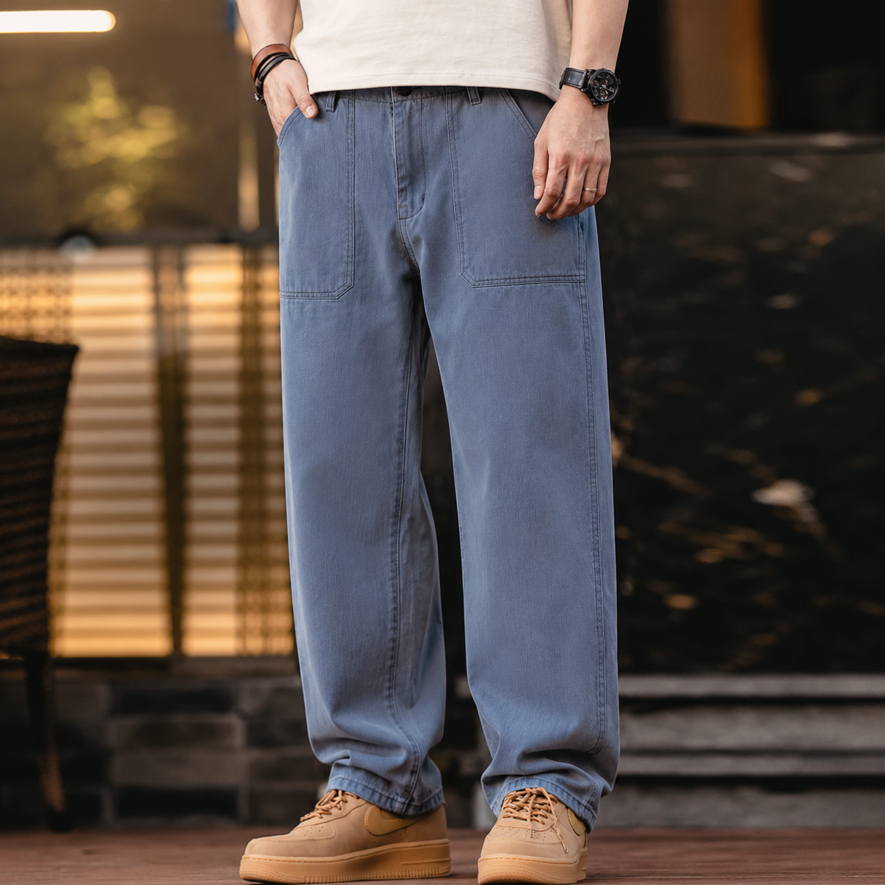 French Retro Blue Washed Canvas Loose Straight Leg Casual Pants