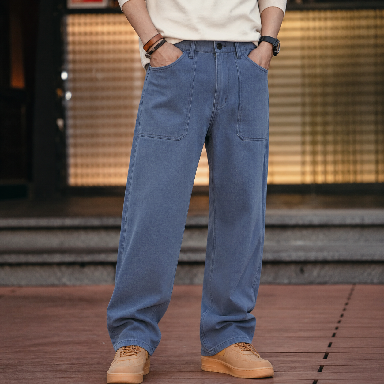 French Retro Blue Washed Canvas Loose Straight Leg Casual Pants