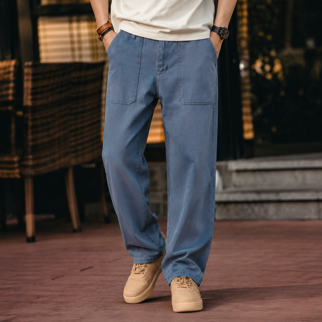 French Retro Blue Washed Canvas Loose Straight Leg Casual Pants
