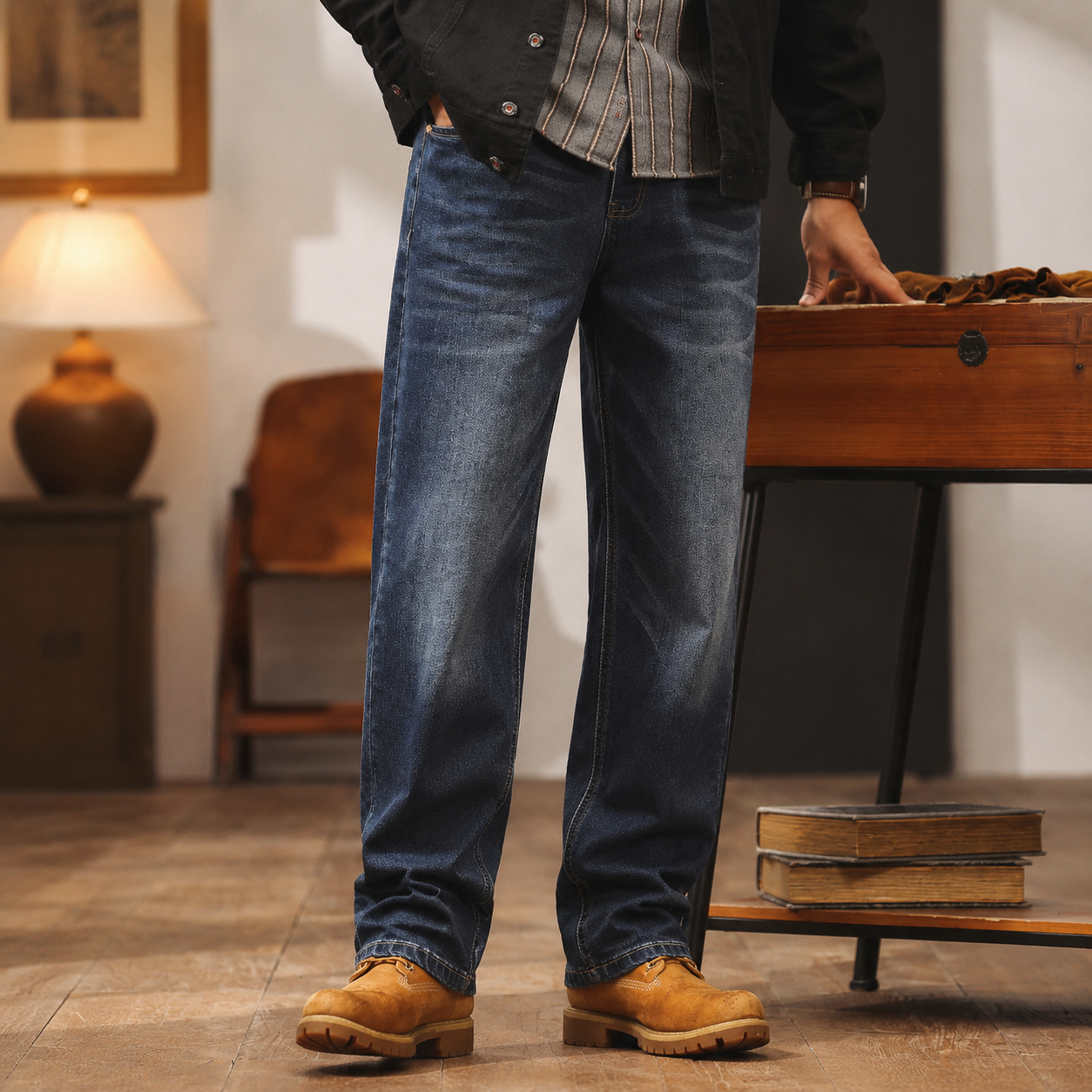 Denim Wash Cat Beard Loose Straight Leg Jeans