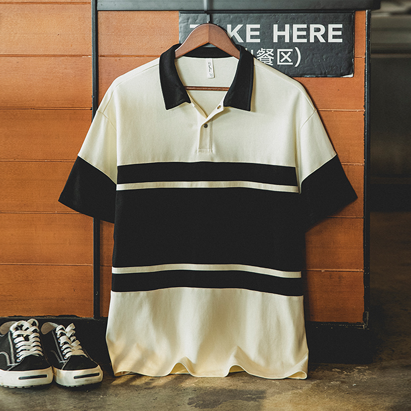 American Retro Men'S Summer New Style Contrasting Color Elastic Loose Polo Shirt
