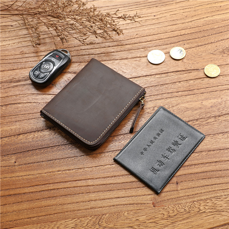 Retro men's top layer cowhide short zipper leather wallet