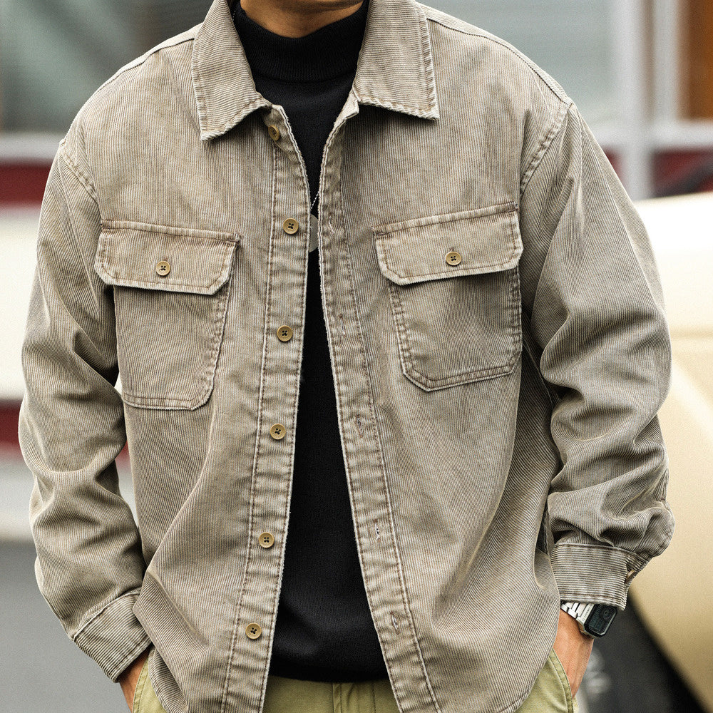 Casual Washed Long Sleeve Corduroy Shirt Layering Overlay 16 Pit Striped Textured Shirt