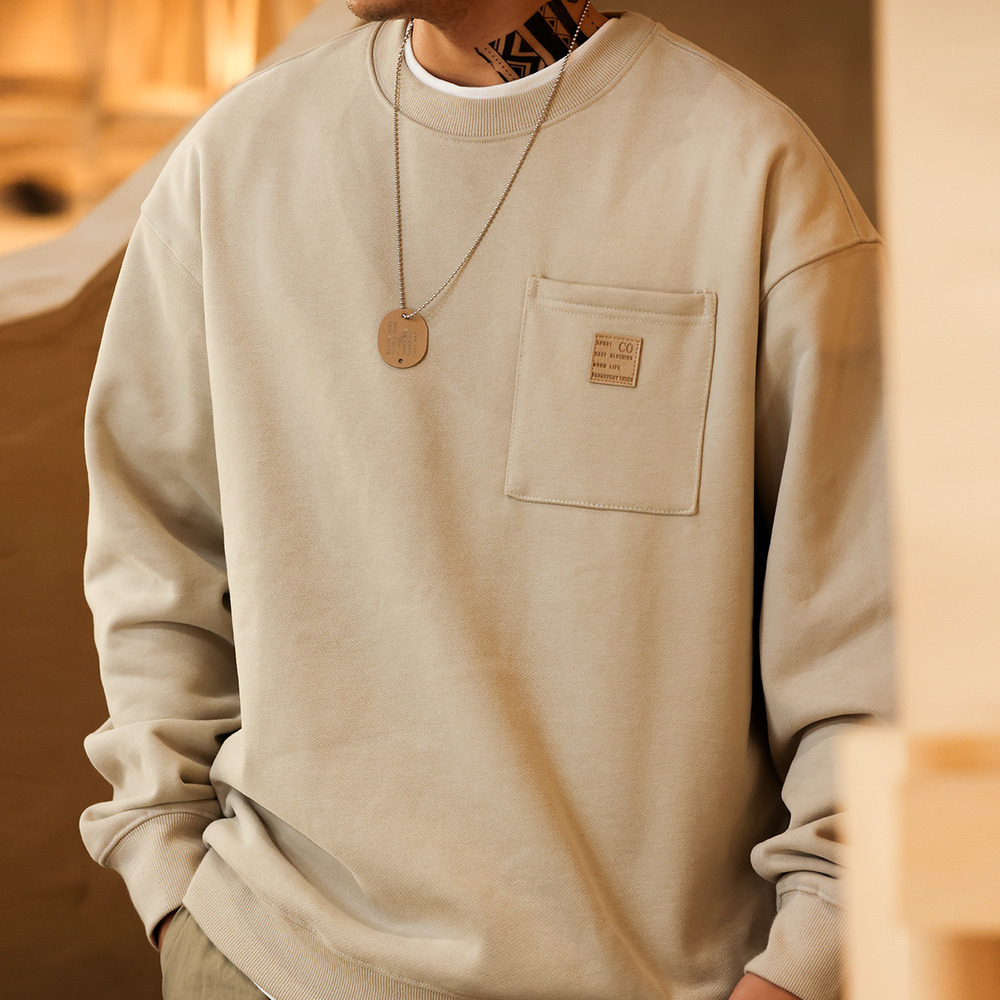 Casual round neck hoodie for men, loose loop bottom fleece fleece vintage base coat