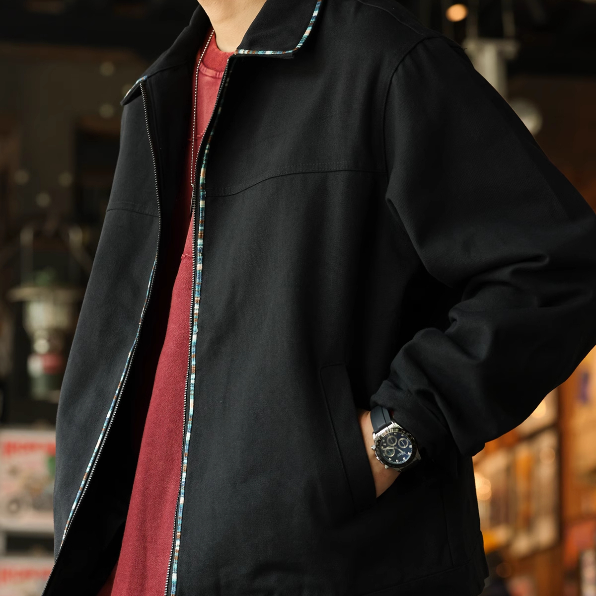 American Retro High-End Canvas Men'S Woven Stripe Design Lapel Workwear Jacket