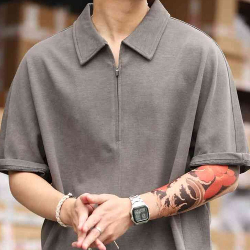 American retro half zip men's casual polo shirt