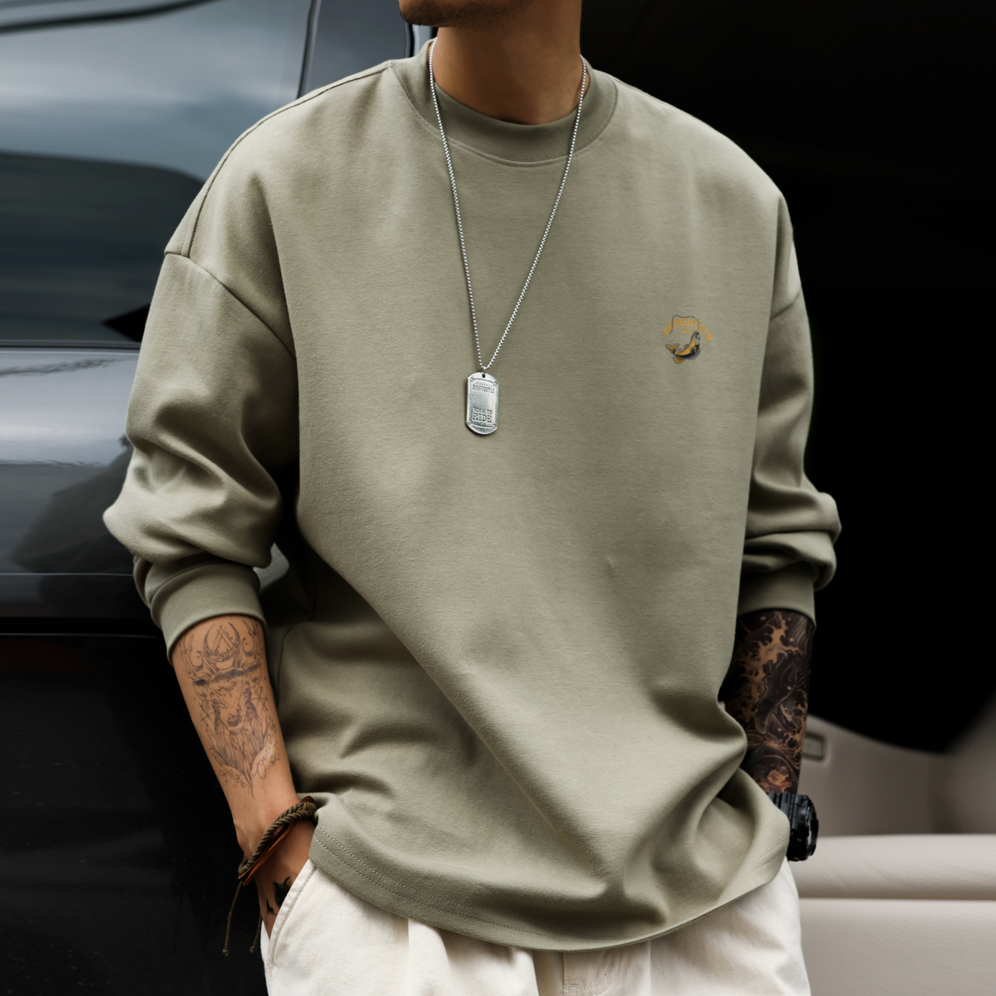 American Retro 300g Cotton Men's Small Collar Fishing Print Gray Green Long Sleeved T-Shirt