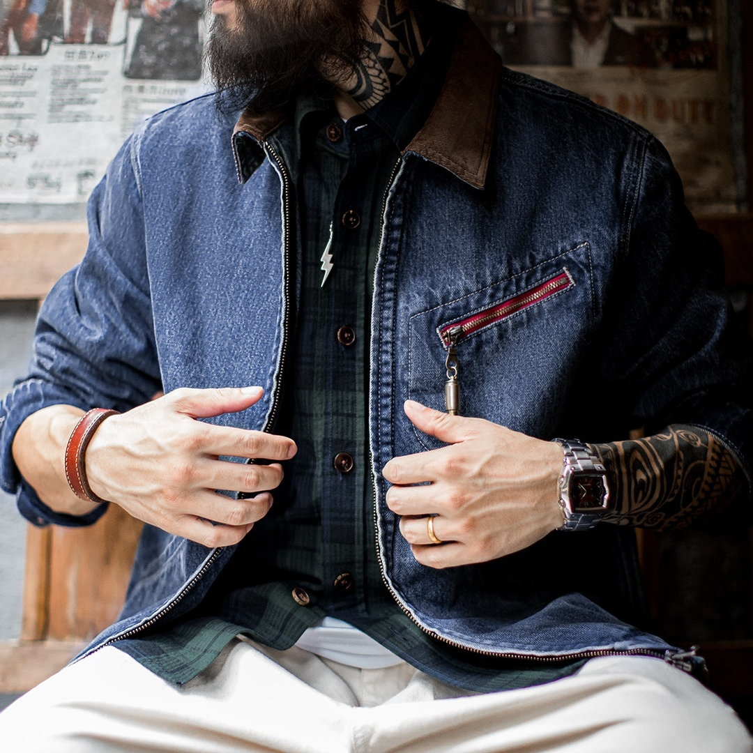 American Retro Washed Denim Detroit Jacket Vintage Distressed Coat