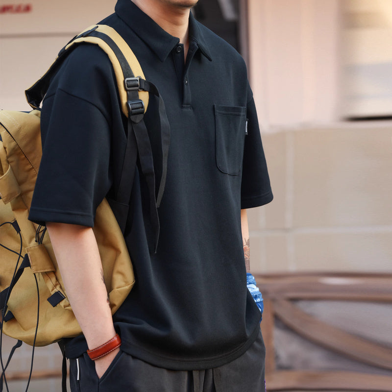 Japanese casual 340g men's loose pocket lapel short sleeved polo shirt