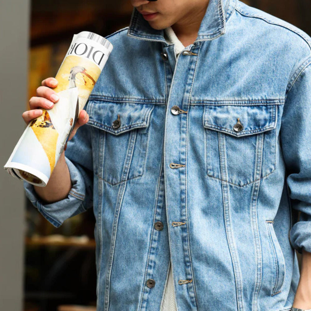 Sailuo Textile Water Washed Light Blue Cowboy Jacket Men's Outerwear Flip Collar Casual Coat