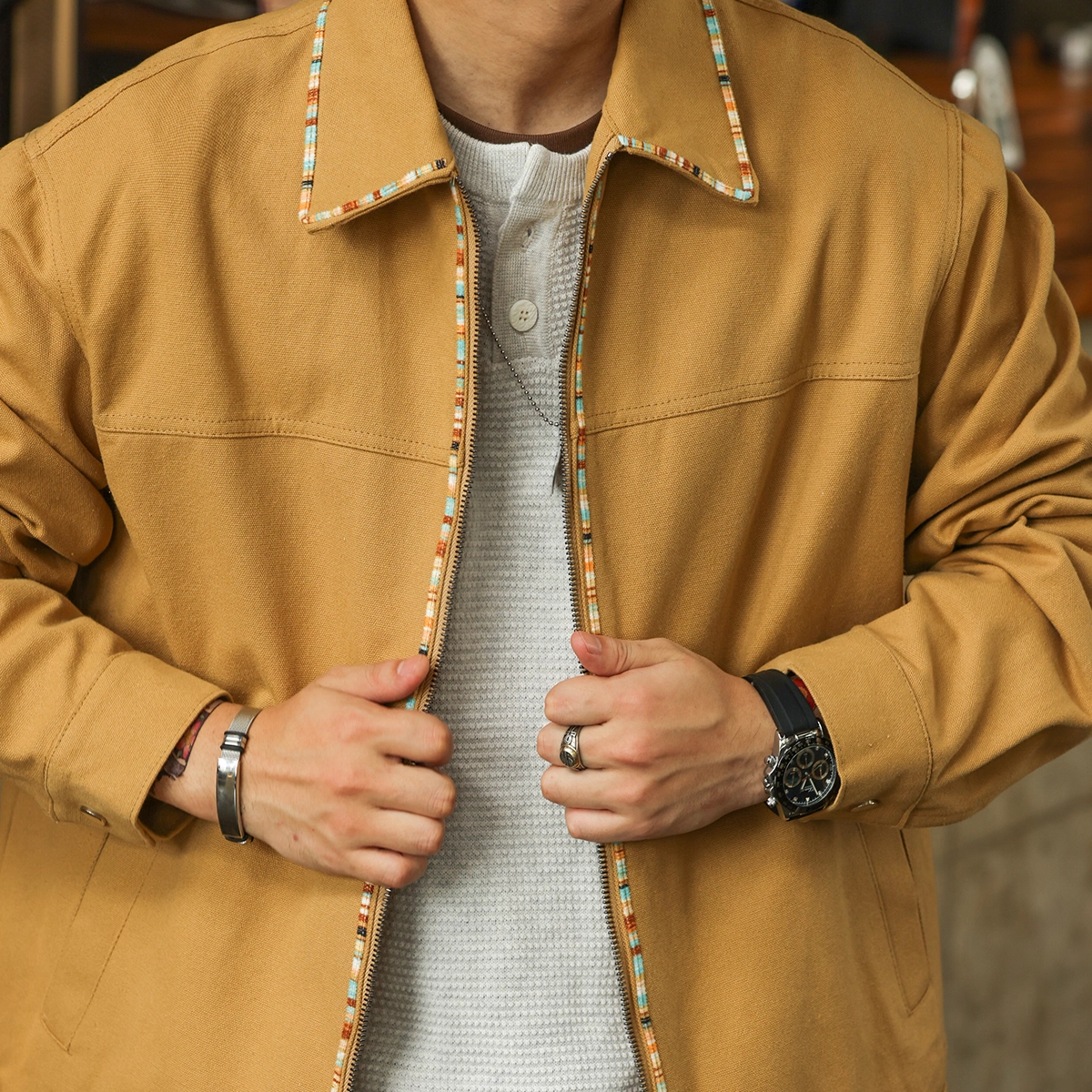 American Retro High-End Canvas Men'S Woven Stripe Design Lapel Workwear Jacket