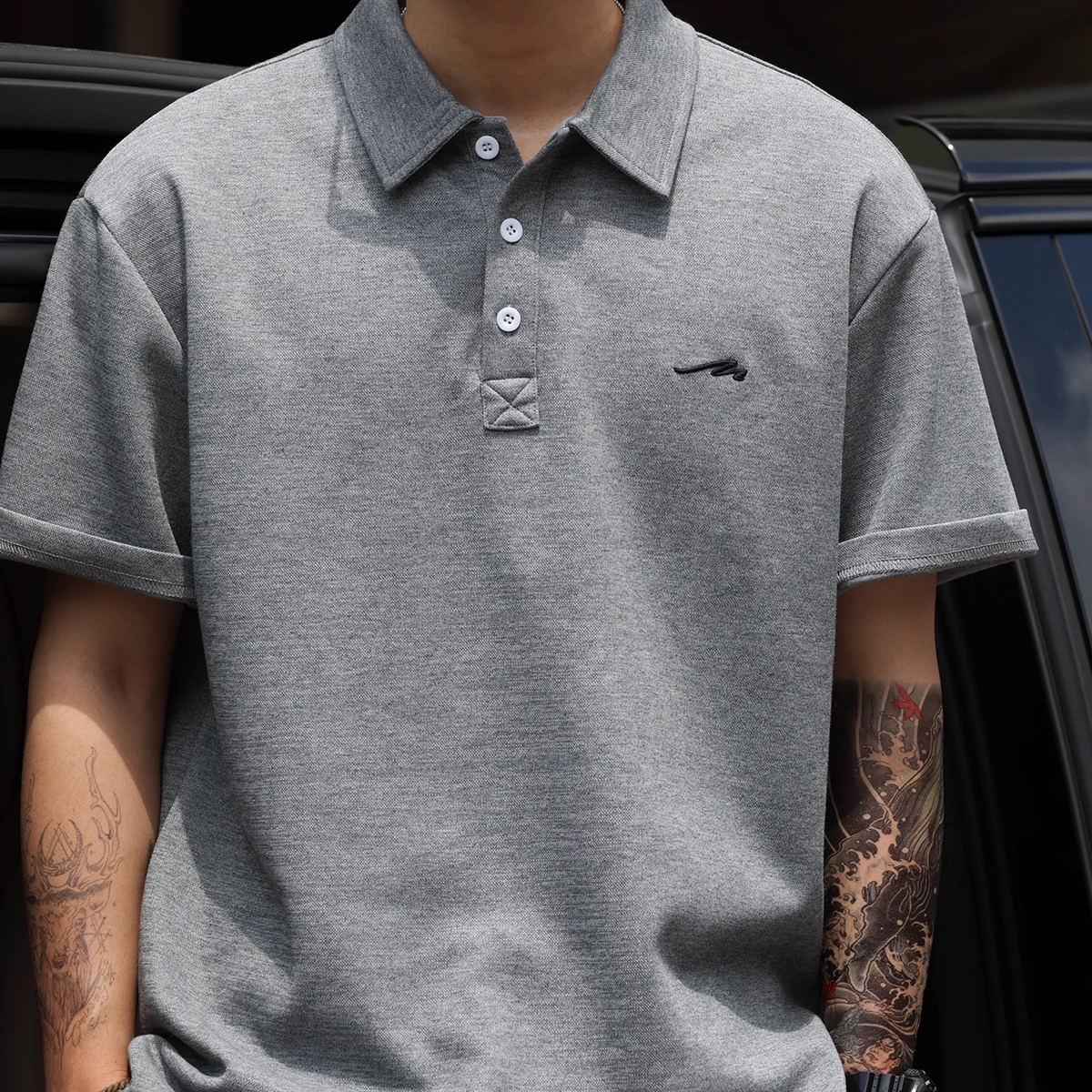 Summer casual 3D embroidered men's 240g heavyweight lapel short sleeved polo shirt