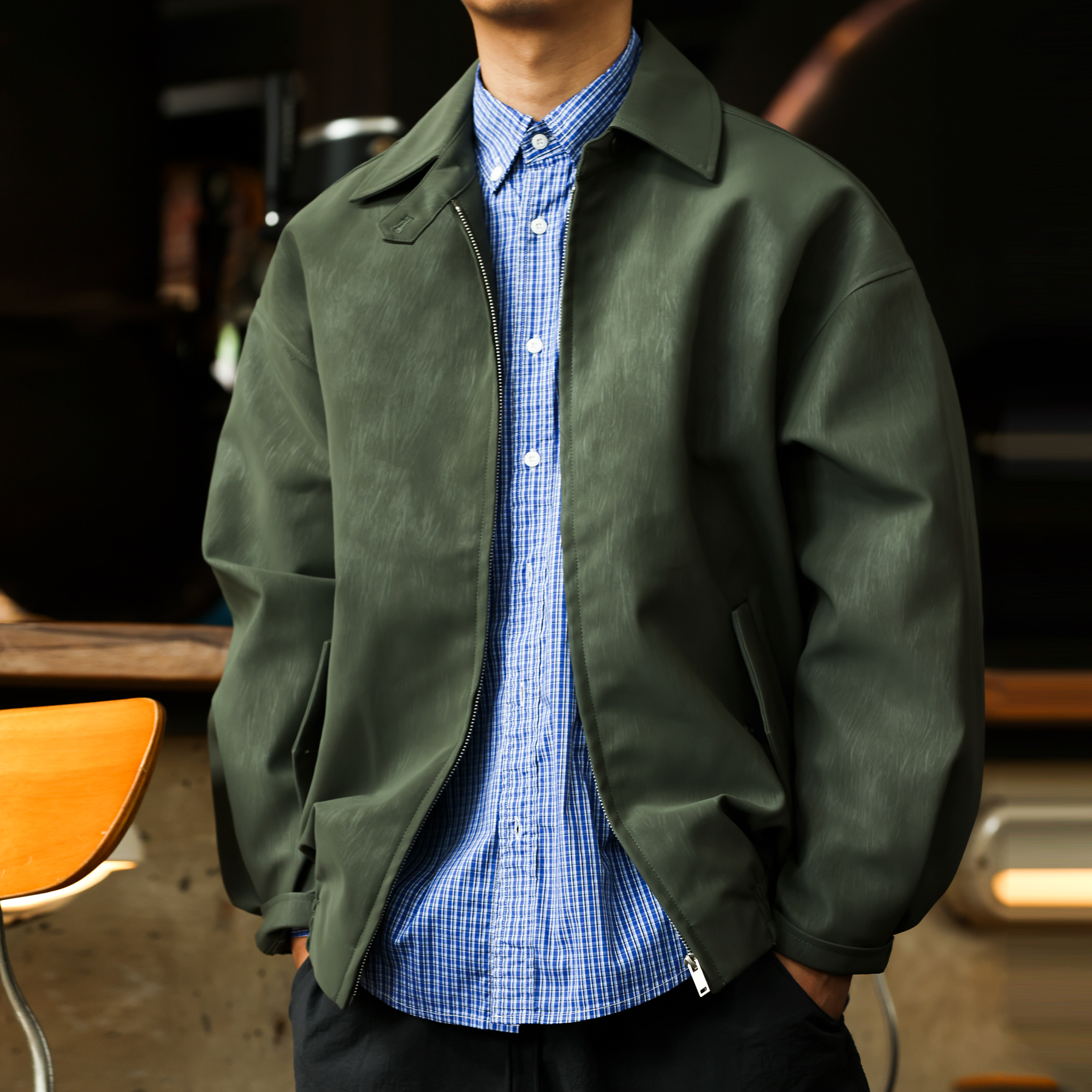 American Retro Harrington Men's PU Bark Pattern Rascal Handsome Coat