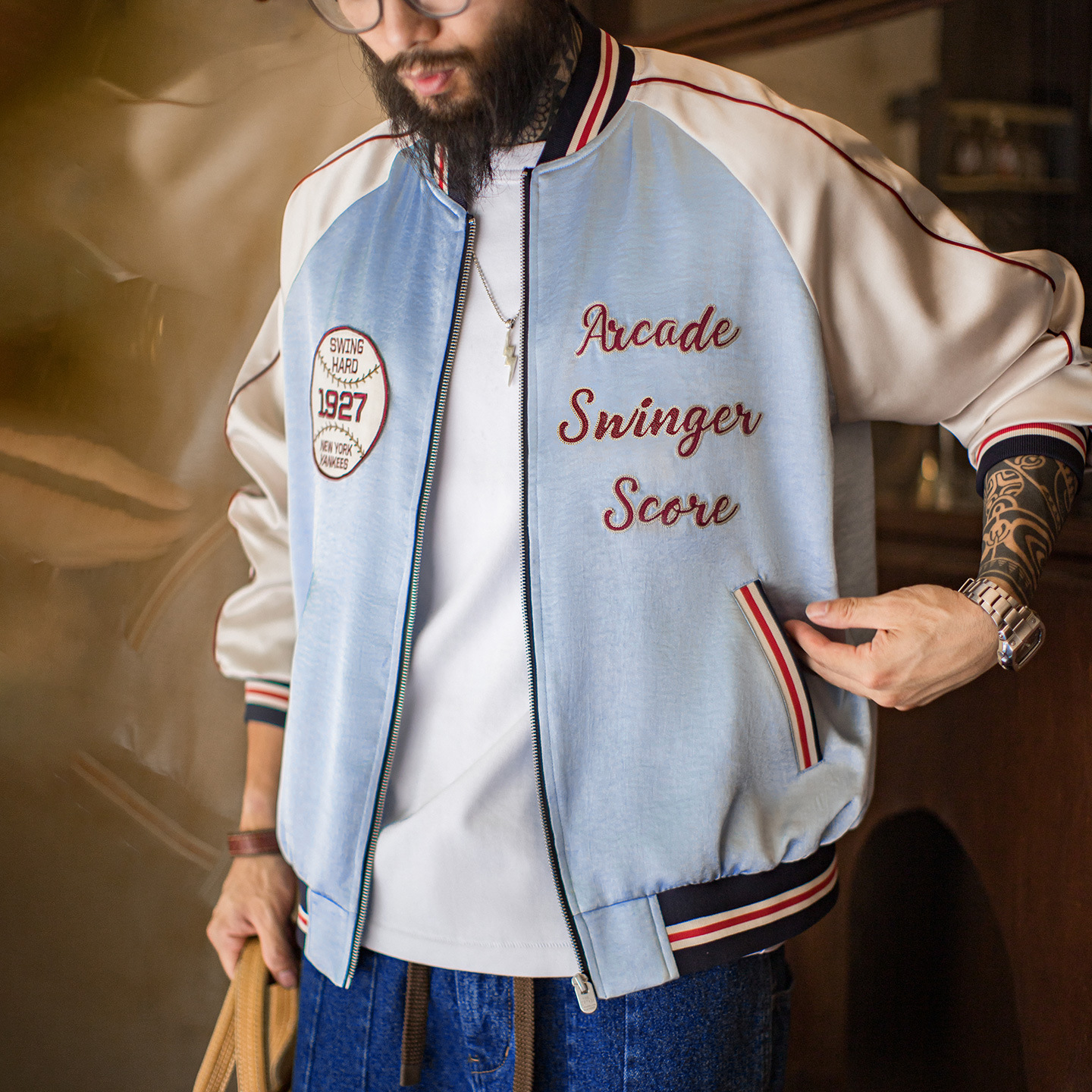 American retro embroidered patchwork satin baseball jacket