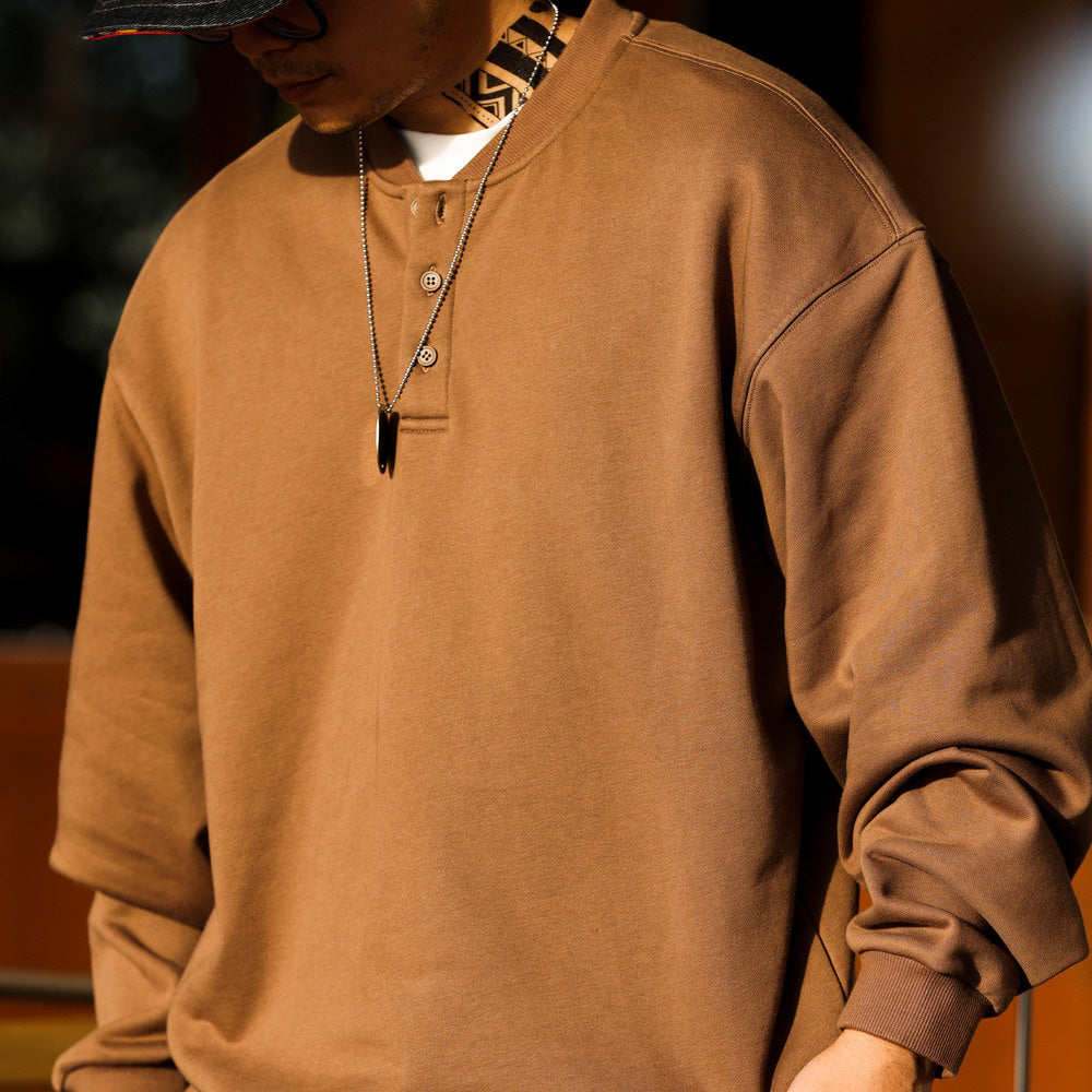 Casual Henry collar looped bottom hoodie, deep khaki clean fit long sleeved base shirt