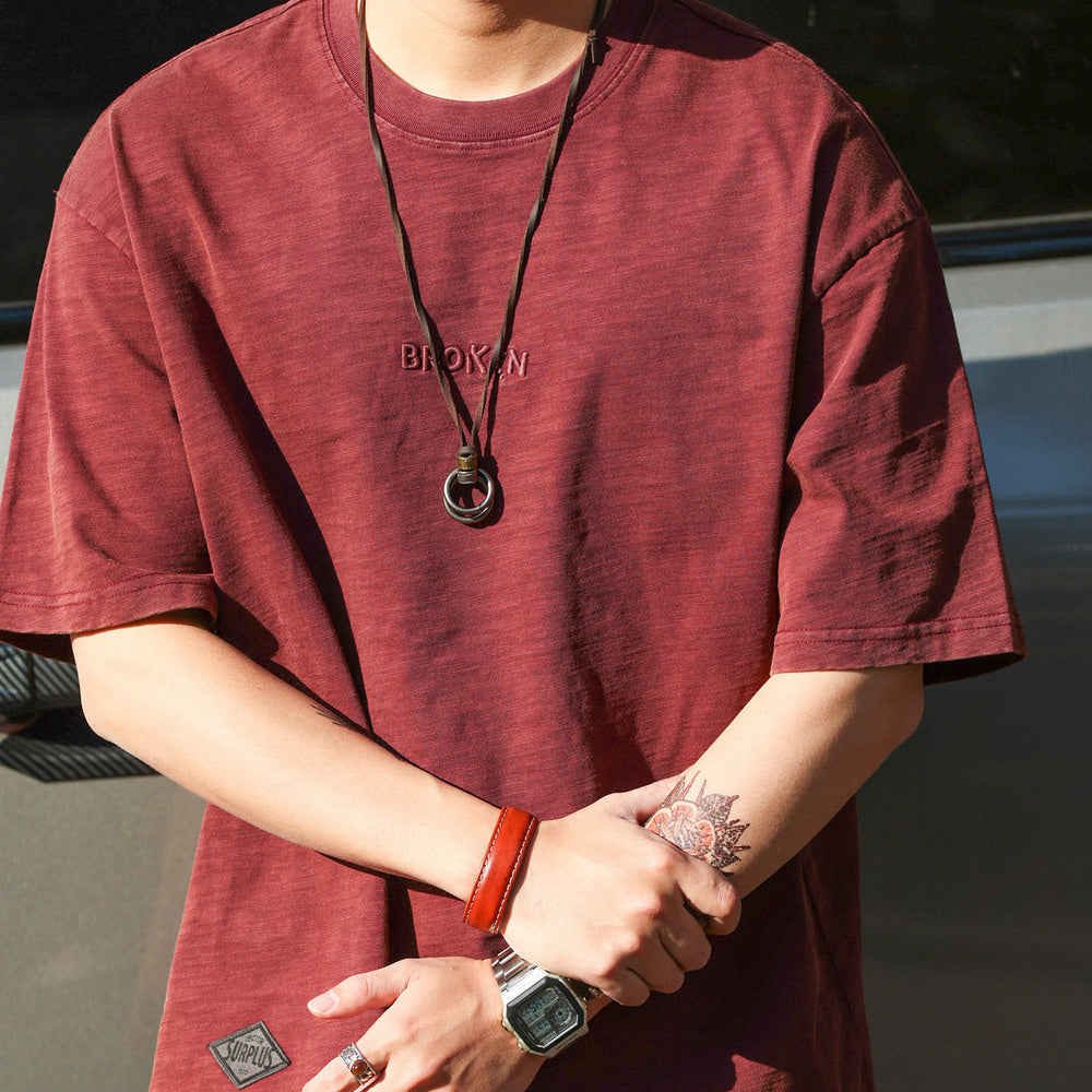 Japanese retro men's 250g letter embroidered pure cotton short sleeved T-shirt