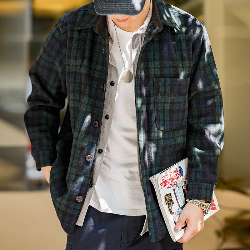 Maden Japanese retro blue-green plaid wool jacket loose and thick plaid shirt jacket