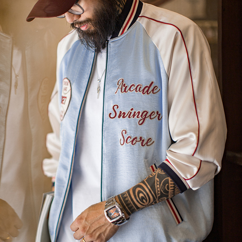 American retro embroidered patchwork satin baseball jacket
