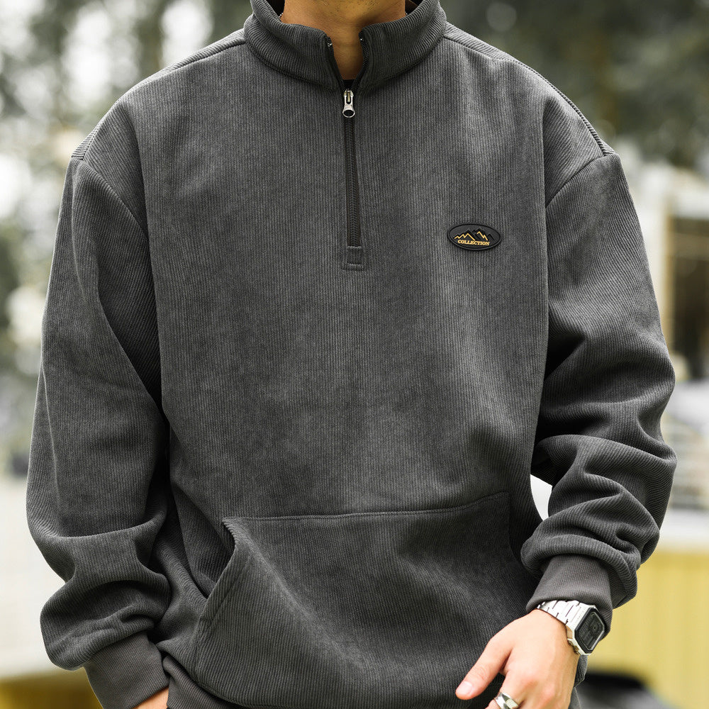 Vintage half-zip stand-up collar corduroy sweatshirt padded warm cleanfit tops jacket