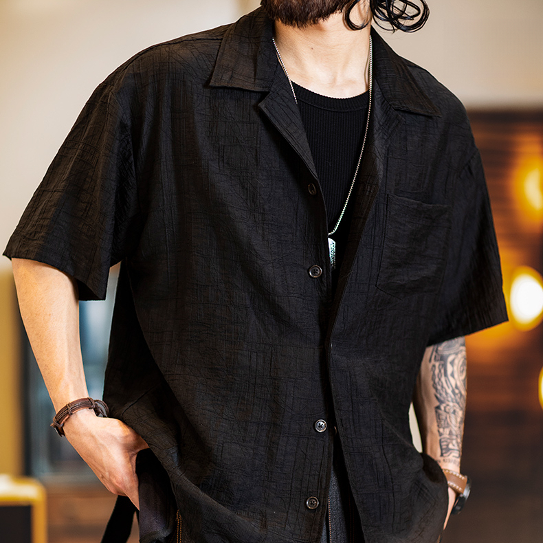 American retro Cuban collar jacquard men's summer short sleeved shirt