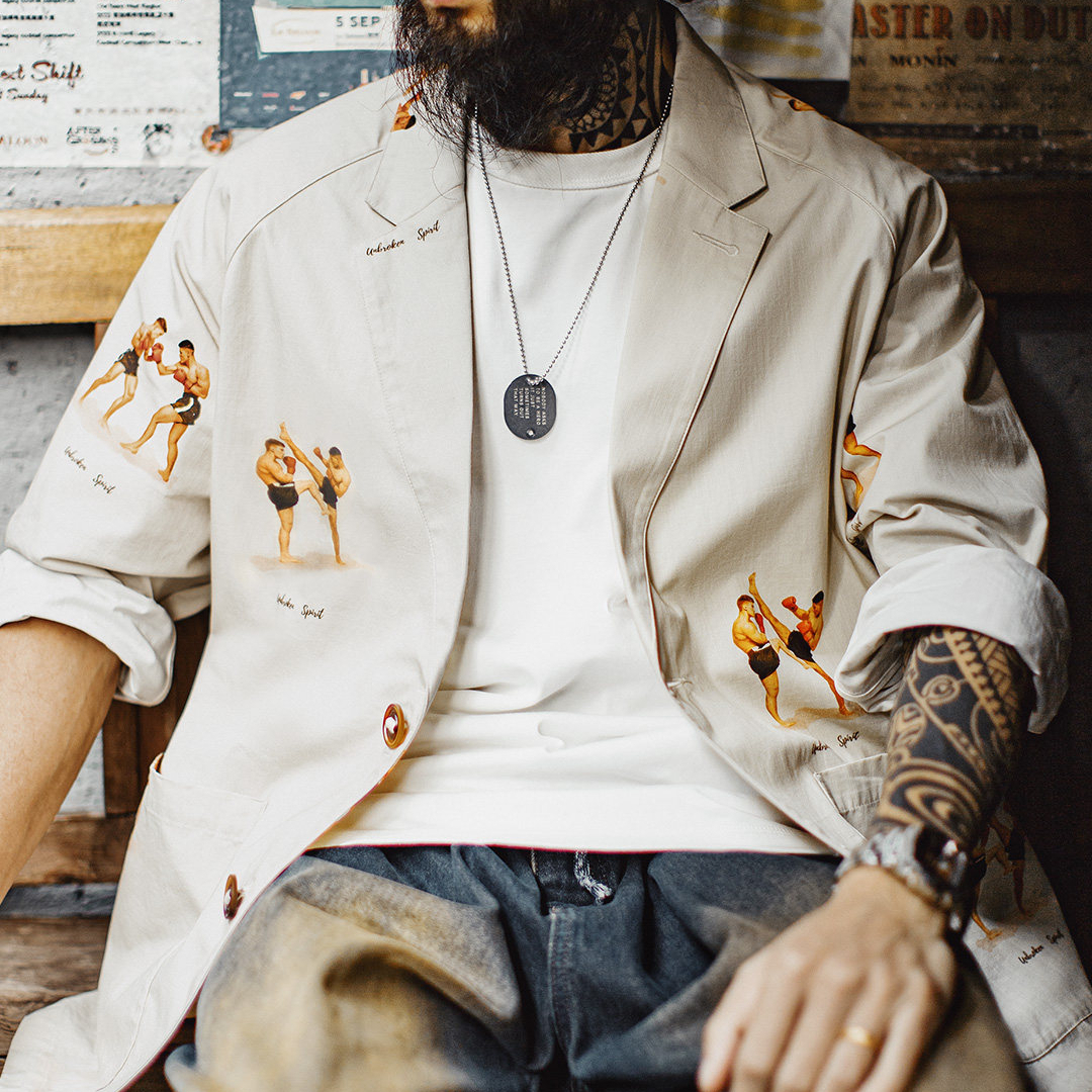 American Casual Flat Collar White Printed Pure Cotton Long Sleeved Shirt