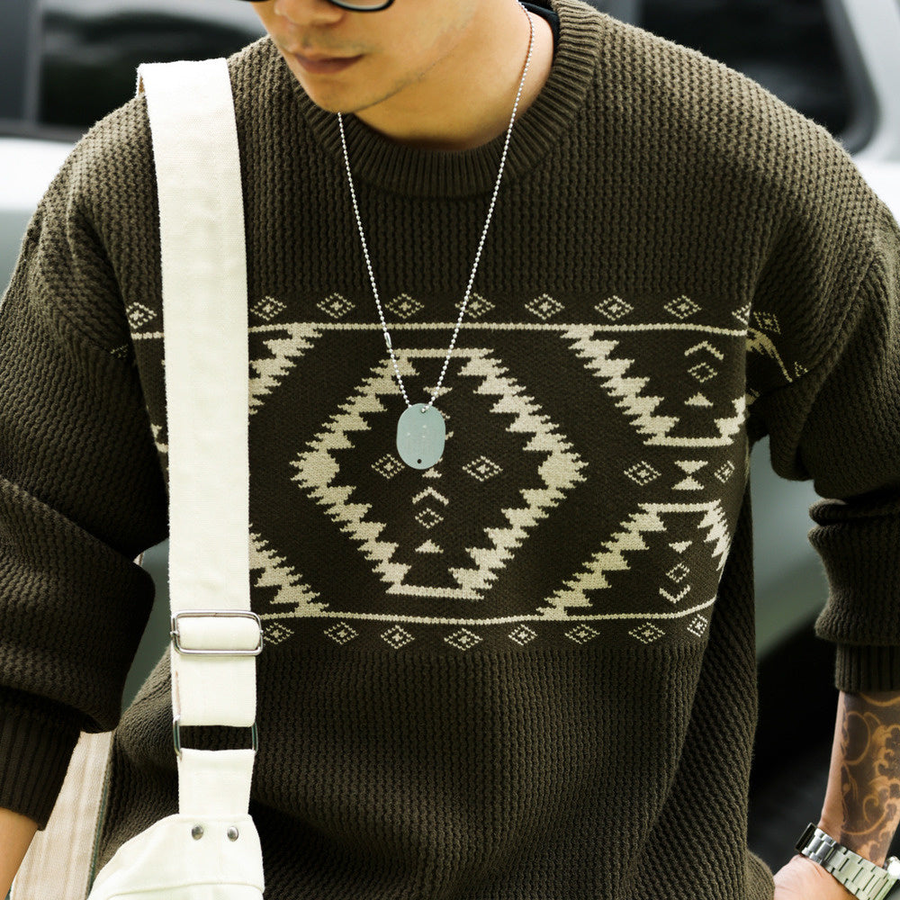 Vintage Navajo diamond jacquard sweater loose 800g heavyweight ethnic style knitted top