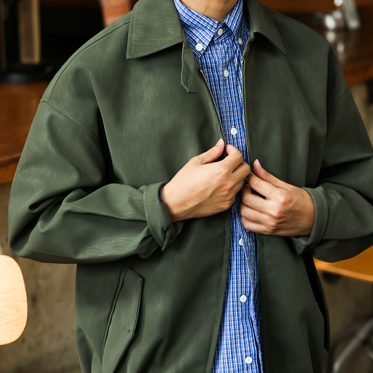 American Retro Harrington Men's PU Bark Pattern Rascal Handsome Coat