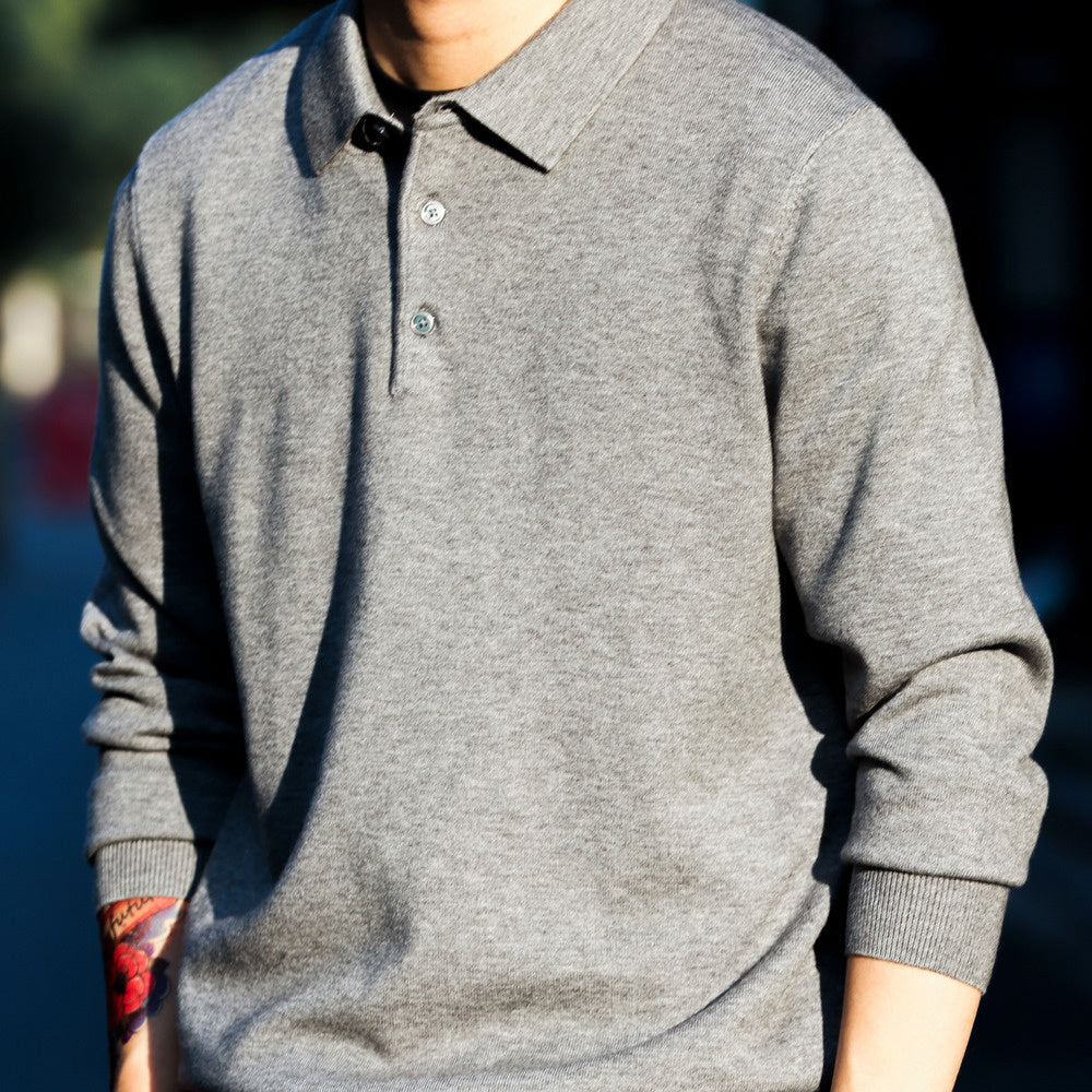 Casual long sleeved polo collar cotton wool sweater solid color lapel self heating warm knit top