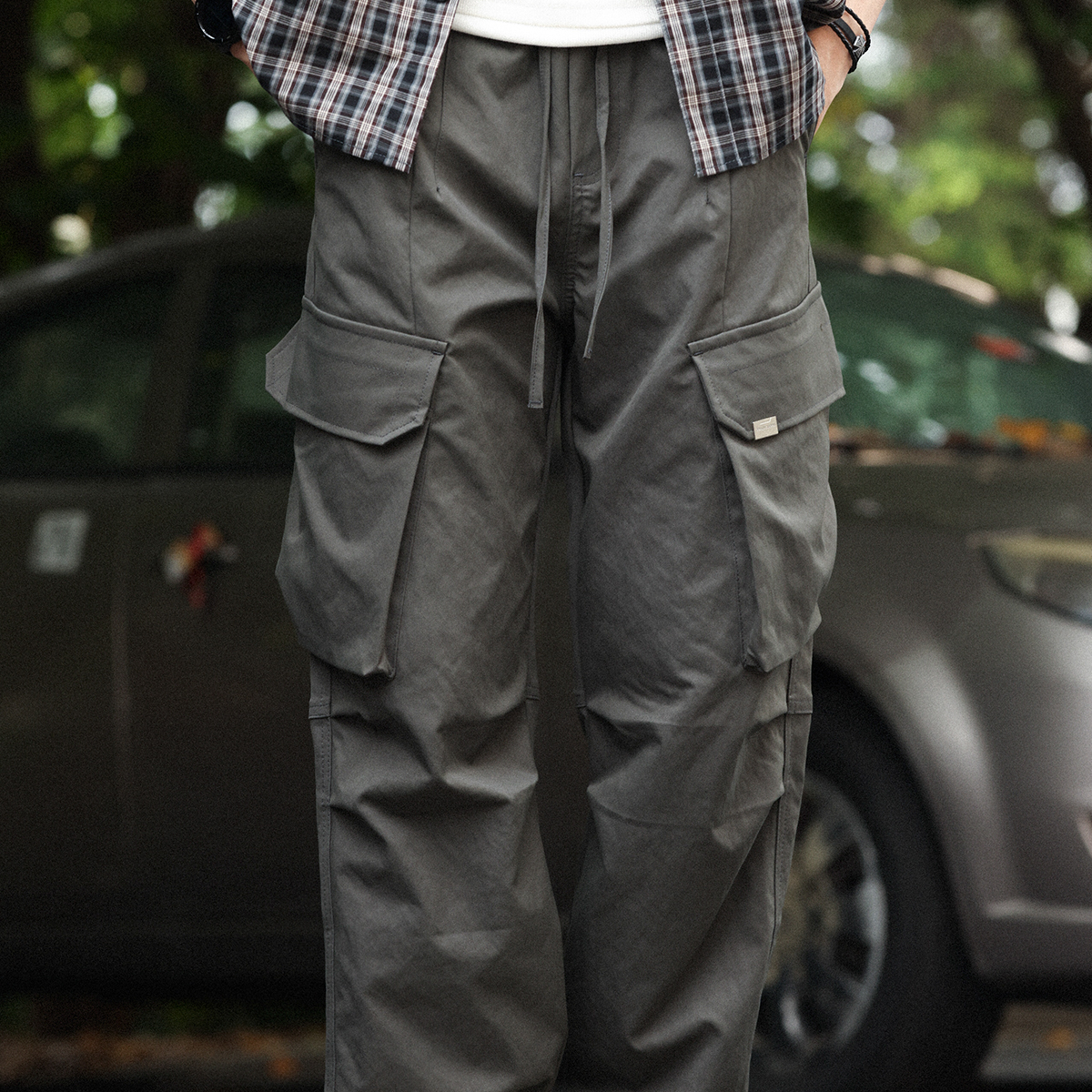 American retro drape outdoor men's drawstring large pocket casual cargo pants