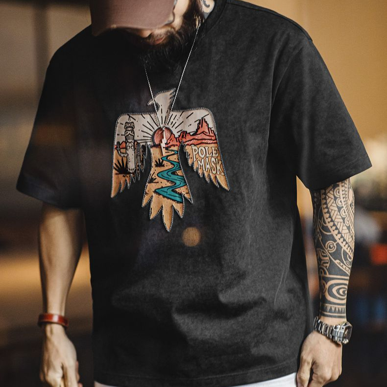 American retro Indian Thunderbird embroidered printed men's T-shirt