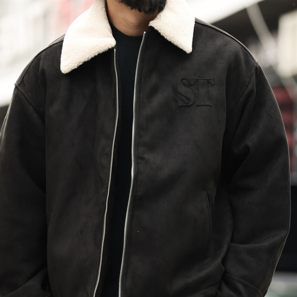 Retro vintage suede jacket, loose embroidery, thick clip cotton collar jacket, cotton jacket