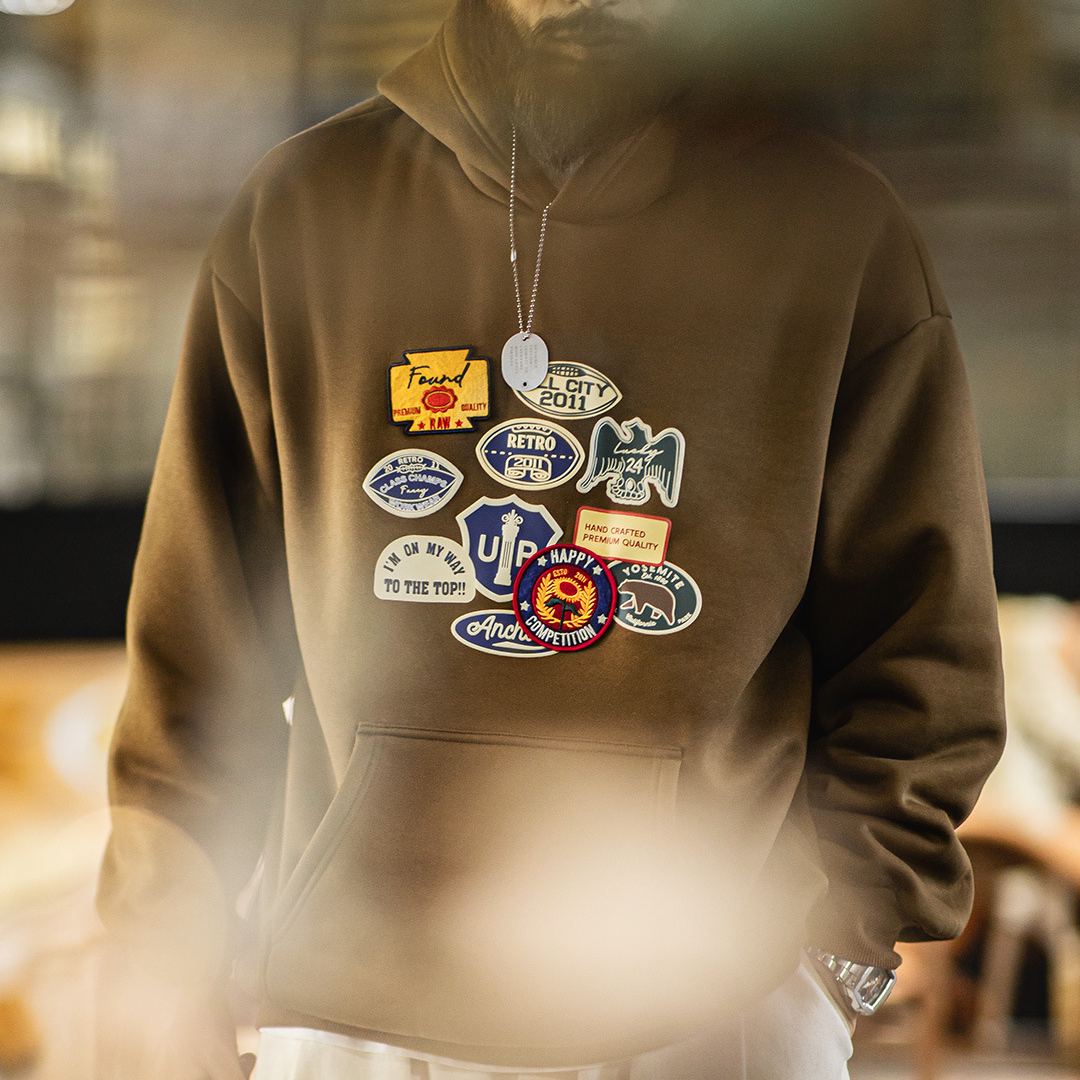 American Brown Emblem Embroidered Velvet Knitted Maillard Loose Hoodie