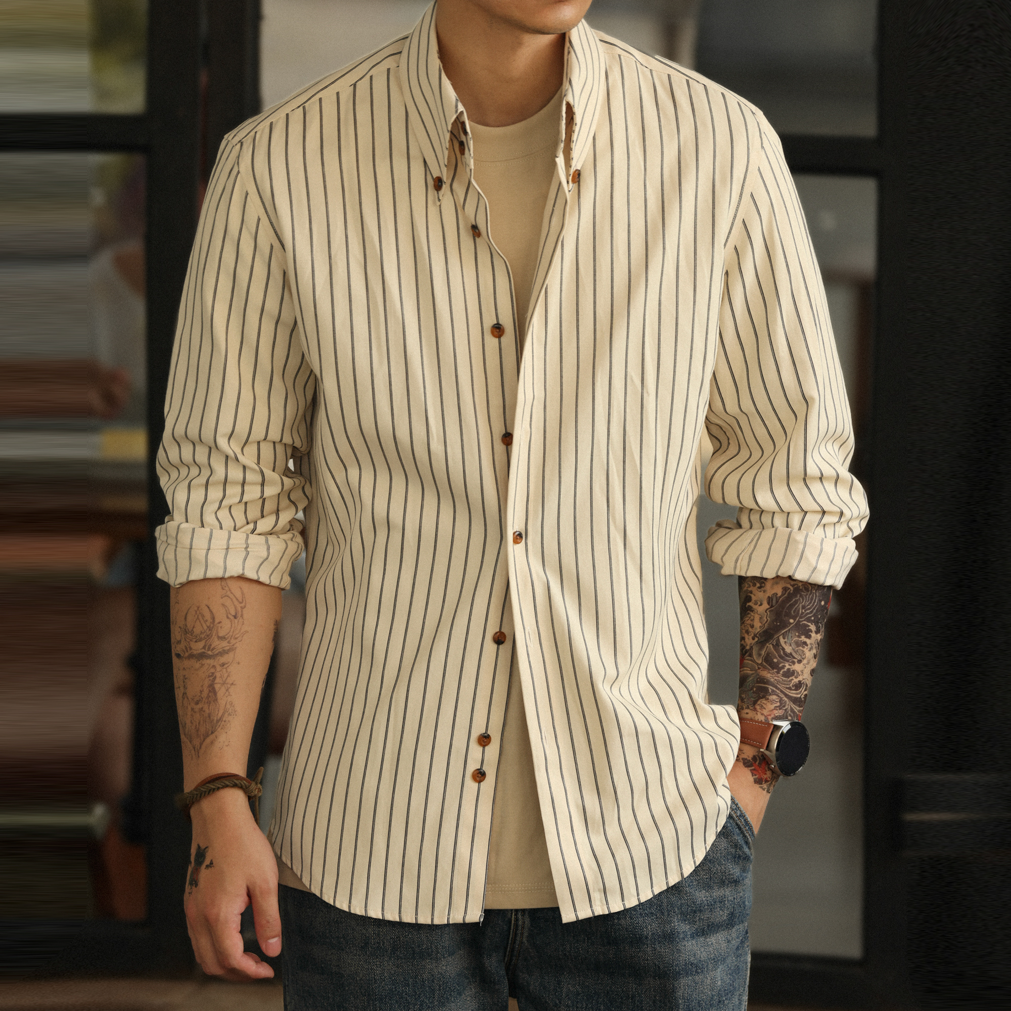 American Retro Thin Coffee Striped Men's Slim Fit Commuting Casual Shirt