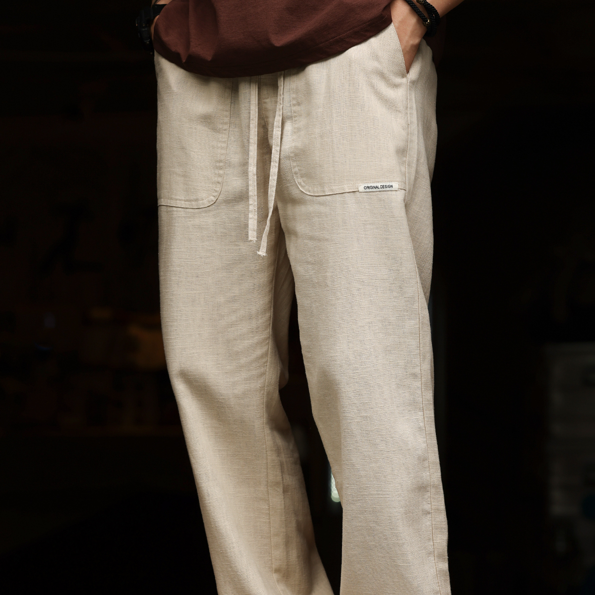 Summer American style breathable cotton and linen men's loose straight leg casual pants