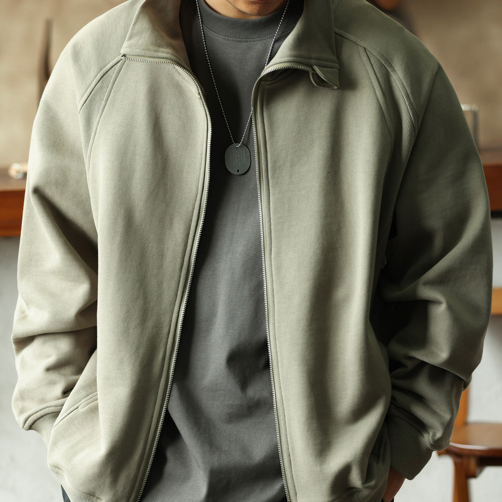 Vintage Heavyweight Plunging Sleeve Double Zipper Sweatshirt Stand Collar Casual Jacket Coat