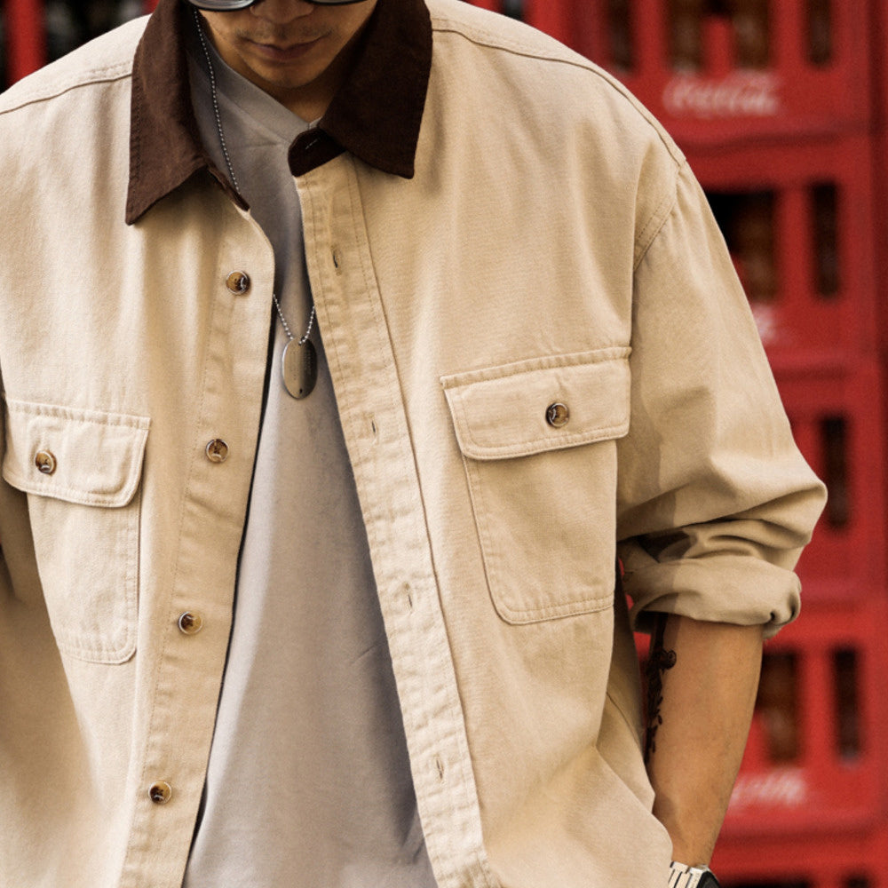 Retro Detroit shirt jacket men's 280g Sailor spun pure cotton contrasting collar long sleeved shirt