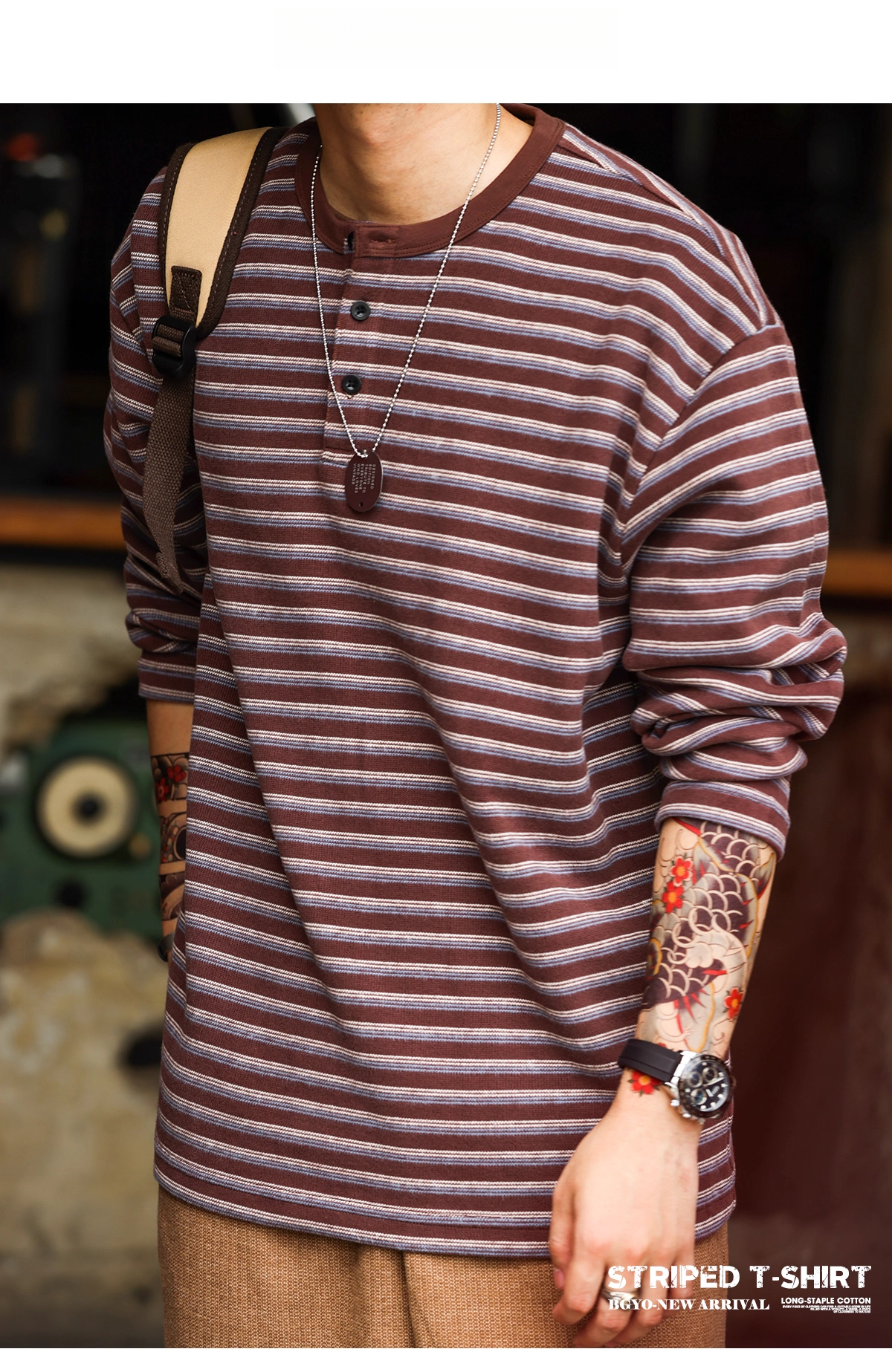 American Casual 360g Heavy-Duty Striped Men'S Loose Retro Henry Collar T-Shirt