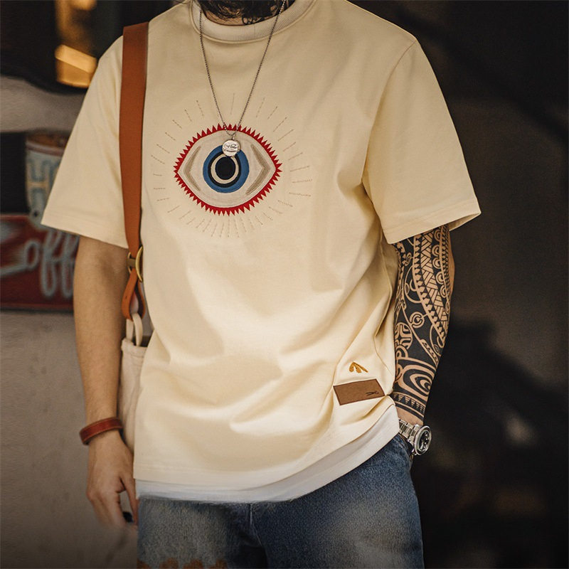 Maden Vintage Guardian Eye Embroidered T-shirt Off White Heavyweight Cotton Short Sleeved T-shirt