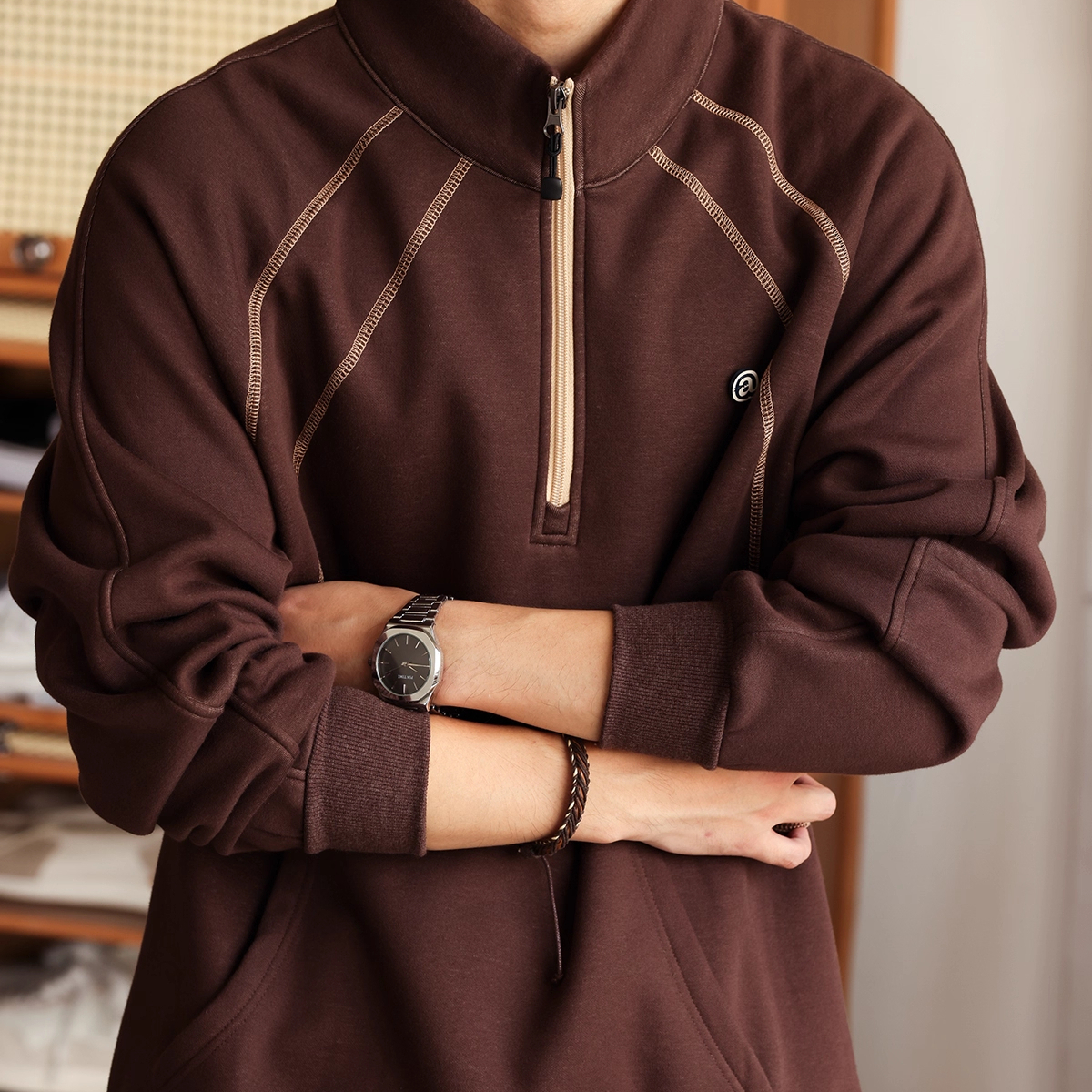 American Retro Design Style Stand Up Collar Men'S Contrasting Half Zip Top