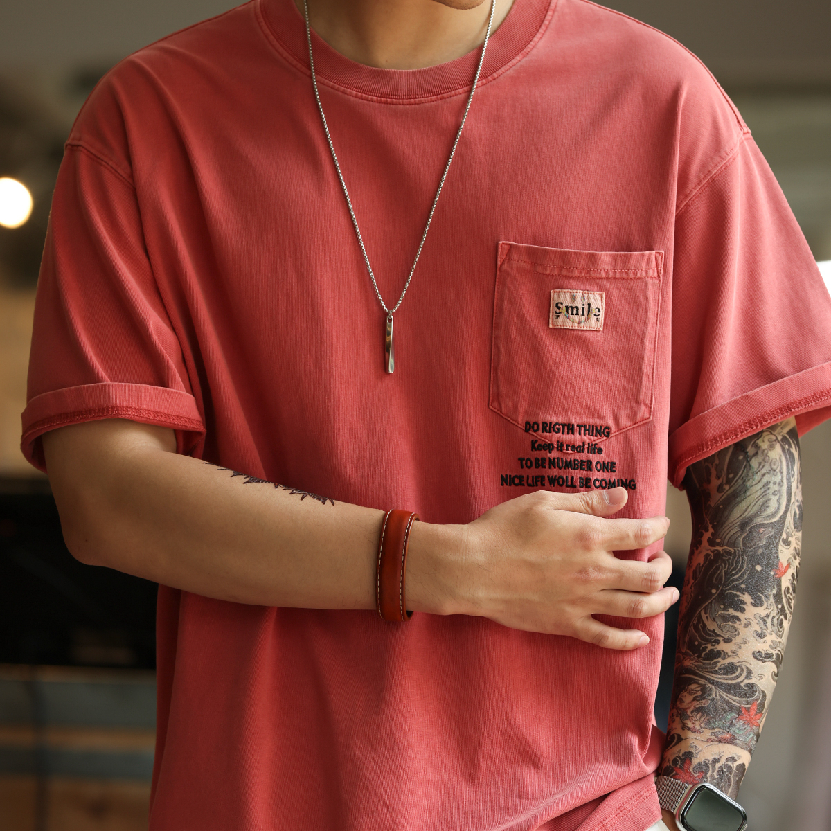 American retro men's 260g pure cotton pocket embroidered short sleeved T-shirt