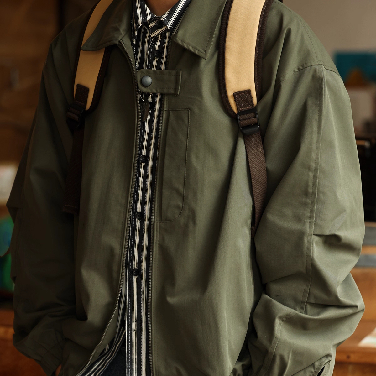 American Retro Lapel Men'S Casual Loose Military Green Detroit Jacket