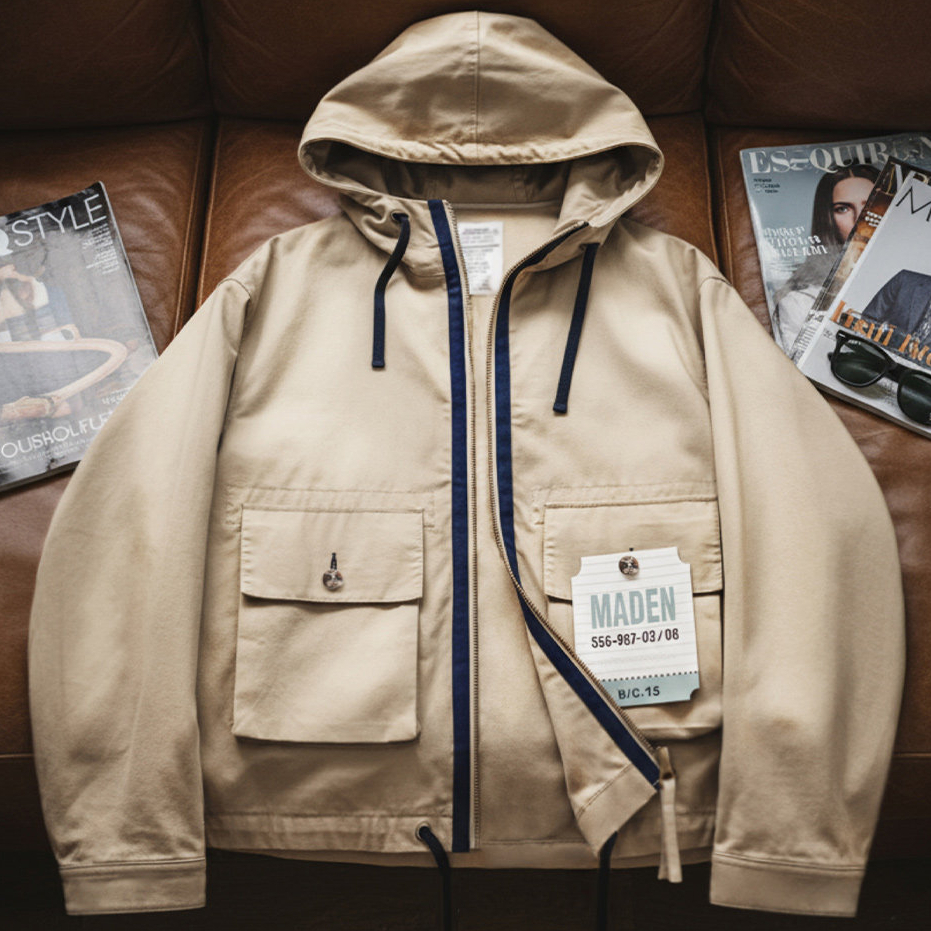 American Retro Multi Pocket Pure Cotton Canvas Khaki Standing Collar Hooded Jacket