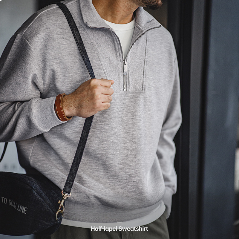 Maden Casual Air Layer Half Zipper Sweater Academy Style Grey Spliced Stand up Neck Top