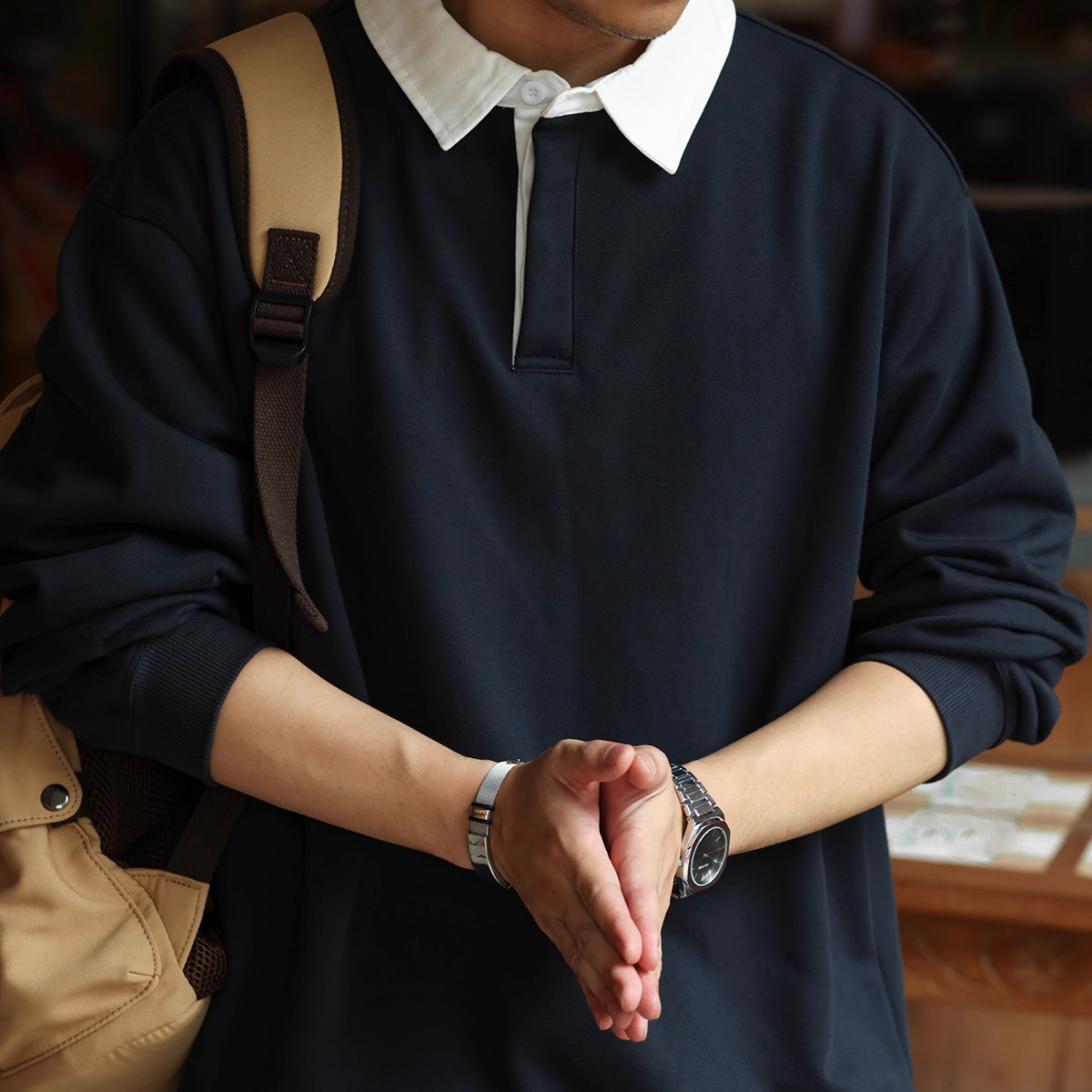 American Retro 390g Heavyweight Contrasting Color Men'S College Style Polo Shirt