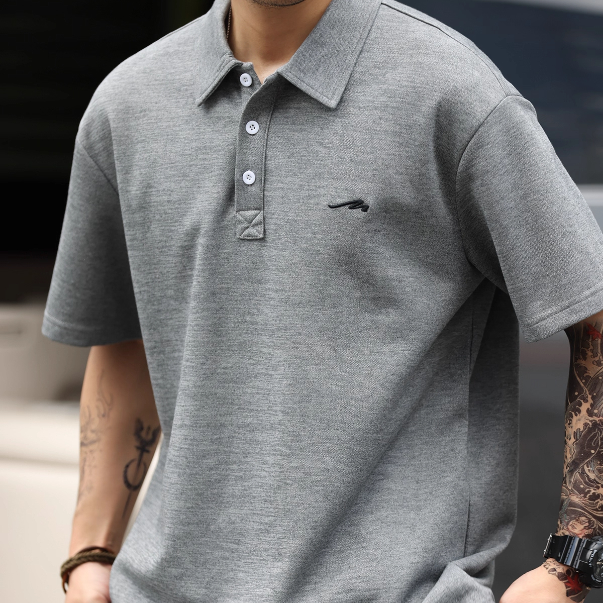 Summer casual 3D embroidered men's 240g heavyweight lapel short sleeved polo shirt