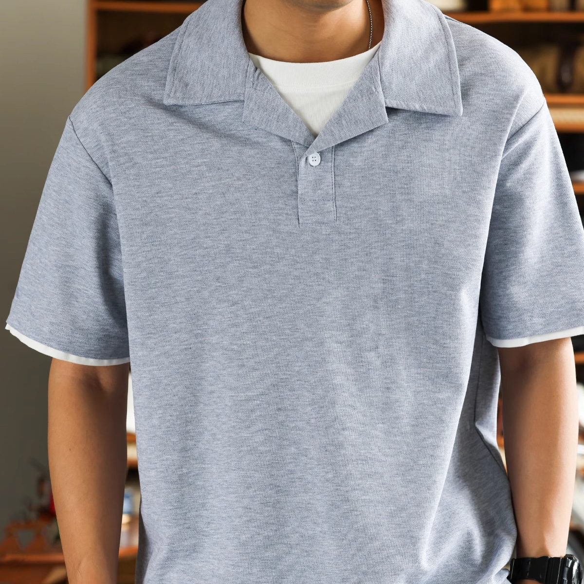 American style fake two Cuban collar men's casual thin polo shirts