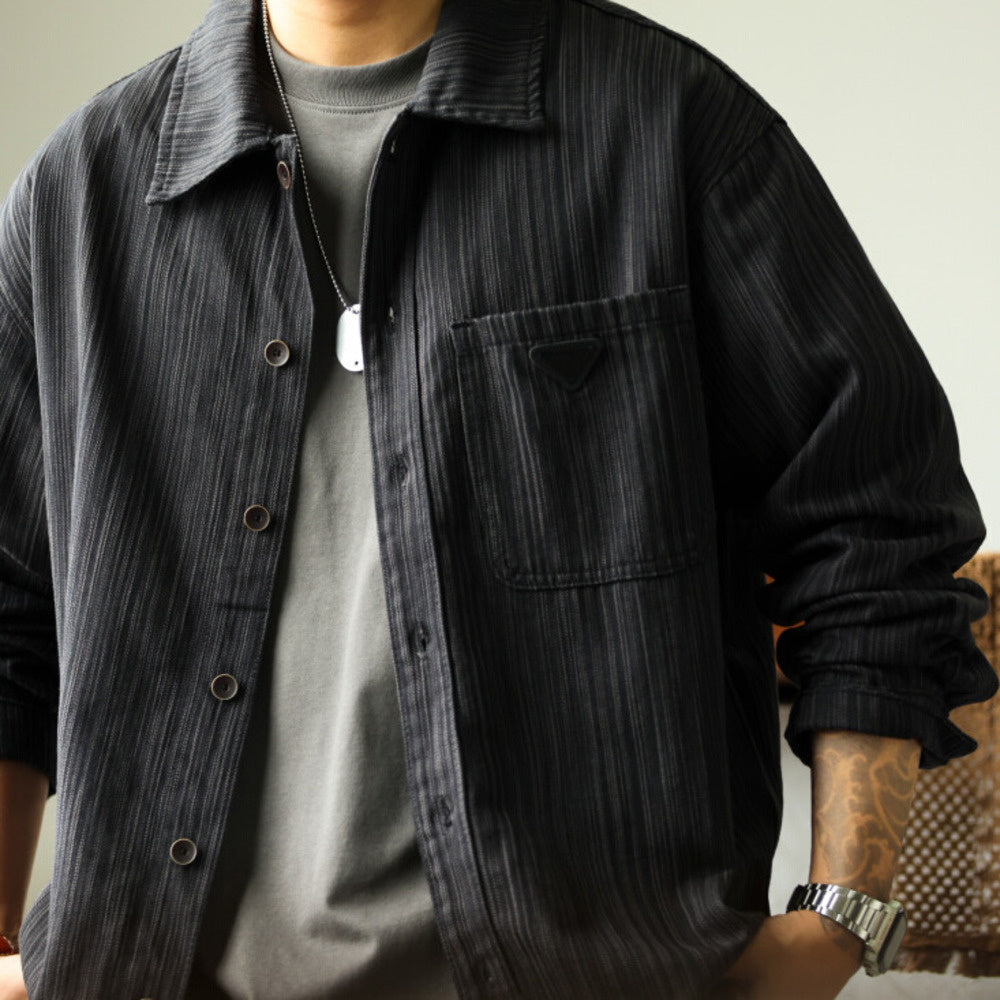 Retro heavyweight bamboo striped shirt jacket with a high-end feel, loose and casual long sleeved shirt