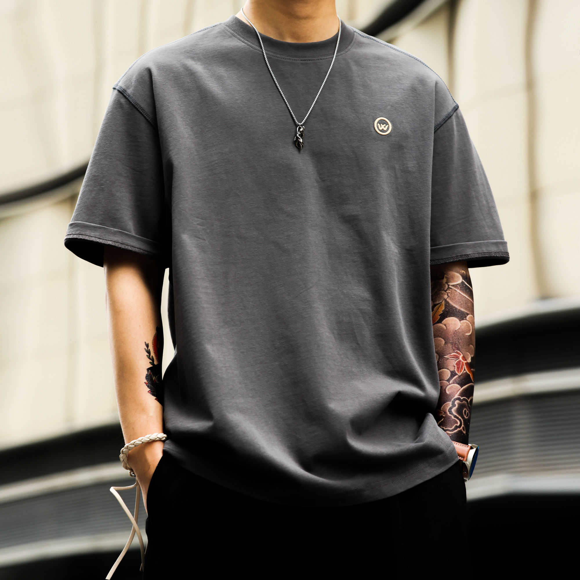 Summer American 300g pure cotton men's casual embroidered T-shirt