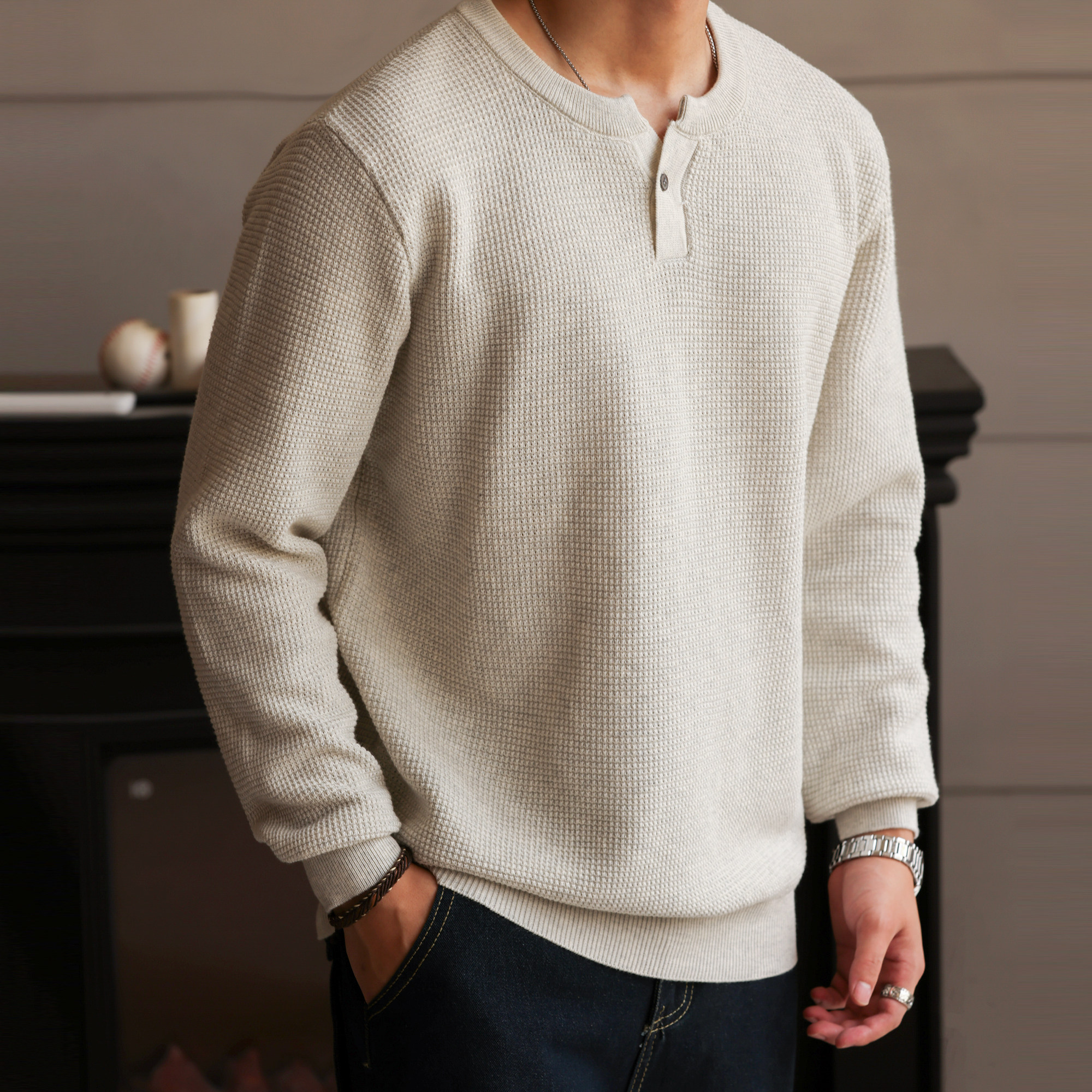 American Retro Nouveau Riche Henry Collar Knitted Men'S Fine Needle Floral Yarn Casual Long Sleeved Shirt